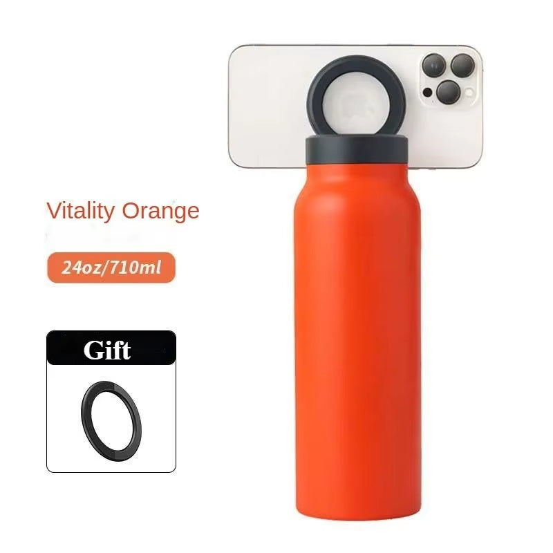 Stay Hydrated in Style: 24 Oz Insulated Stainless Steel Sports Bottle with Magnetic Phone Holder for Outdoor Adventures