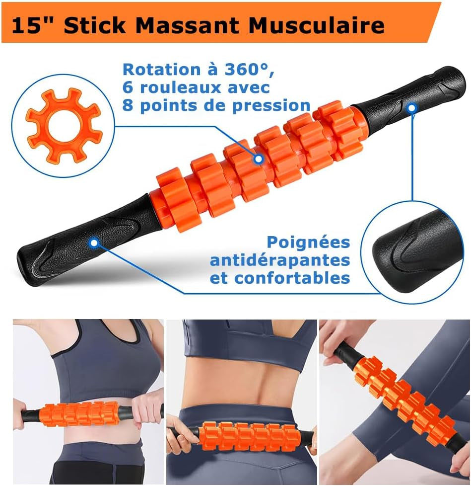 Rouleau De Massage, Qveetry Foam Roller Avec Bâton De Rouleau Musculair, Balles De Massage, Bandes De Résistance, Rouleau De Massage Pour Massage Profond Des Tissus Musculaires