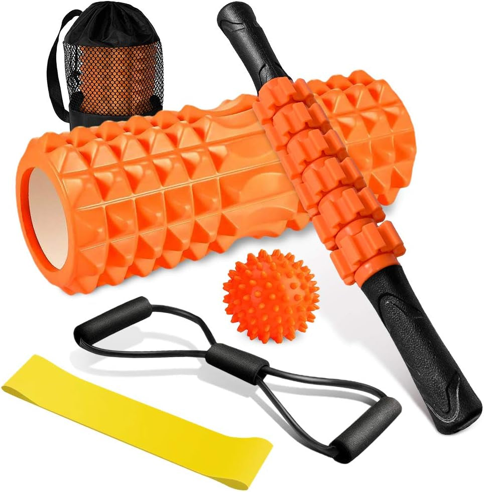 Rouleau De Massage, Qveetry Foam Roller Avec Bâton De Rouleau Musculair, Balles De Massage, Bandes De Résistance, Rouleau De Massage Pour Massage Profond Des Tissus Musculaires
