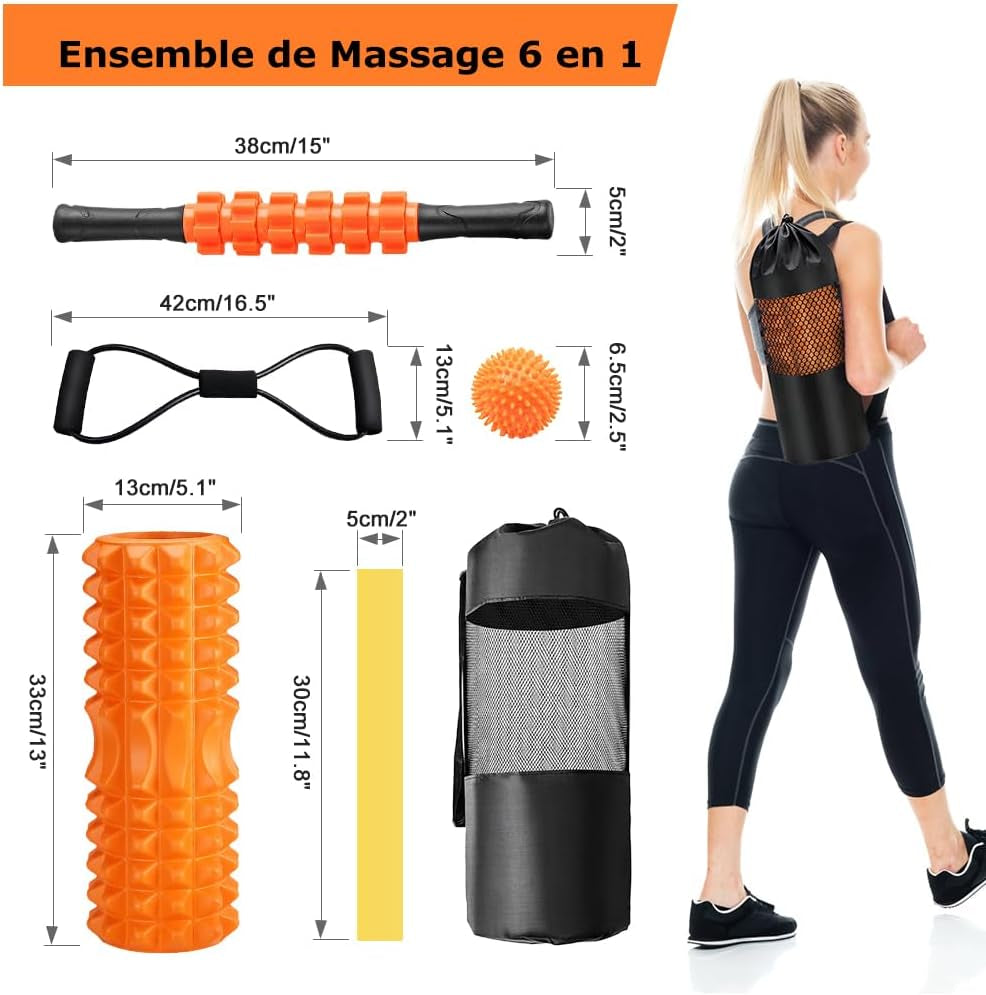 Rouleau De Massage, Qveetry Foam Roller Avec Bâton De Rouleau Musculair, Balles De Massage, Bandes De Résistance, Rouleau De Massage Pour Massage Profond Des Tissus Musculaires